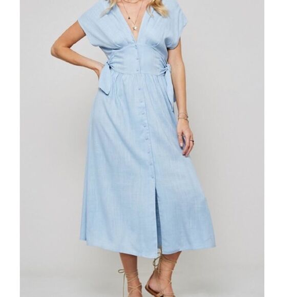 Promesa Linen Blend Tan Side Tie Midi Dress size Large - Picture 3 of 7